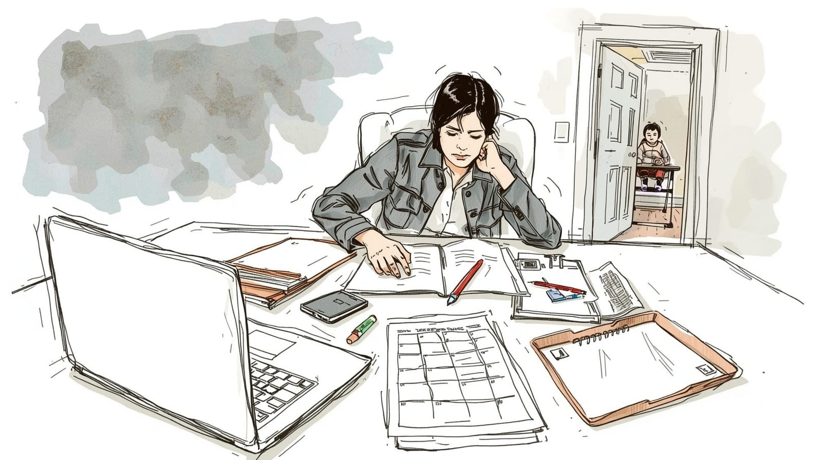 Illustrazione in stile reportage: una persona stanca lavora a un tavolo pieno di laptop e documenti; sullo sfondo, dalla porta aperta, si vede un bambino su un seggiolone.