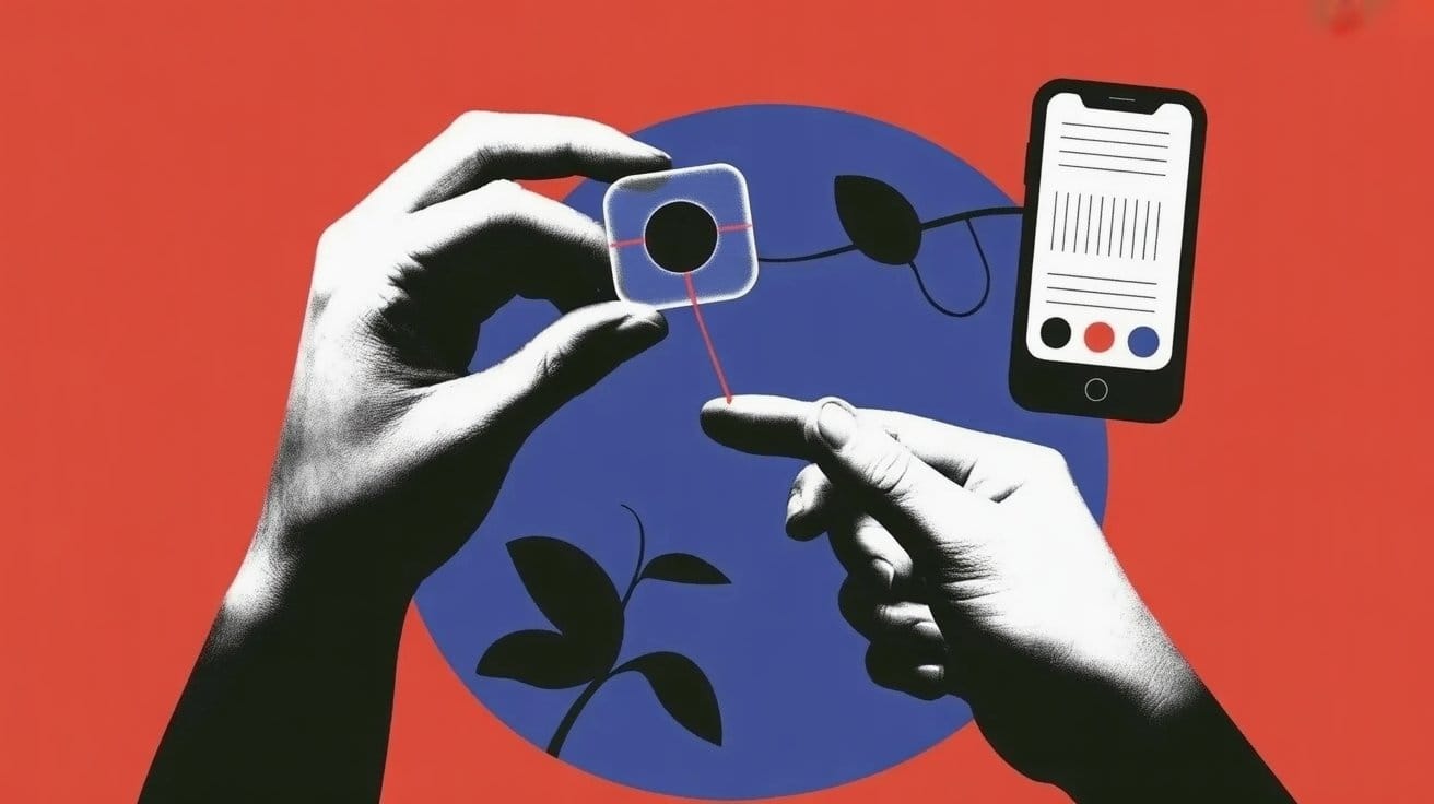 Illustrazione: due mani tengono un piccolo sensore quadrato collegato a una linea che porta a uno smartphone con grafici.