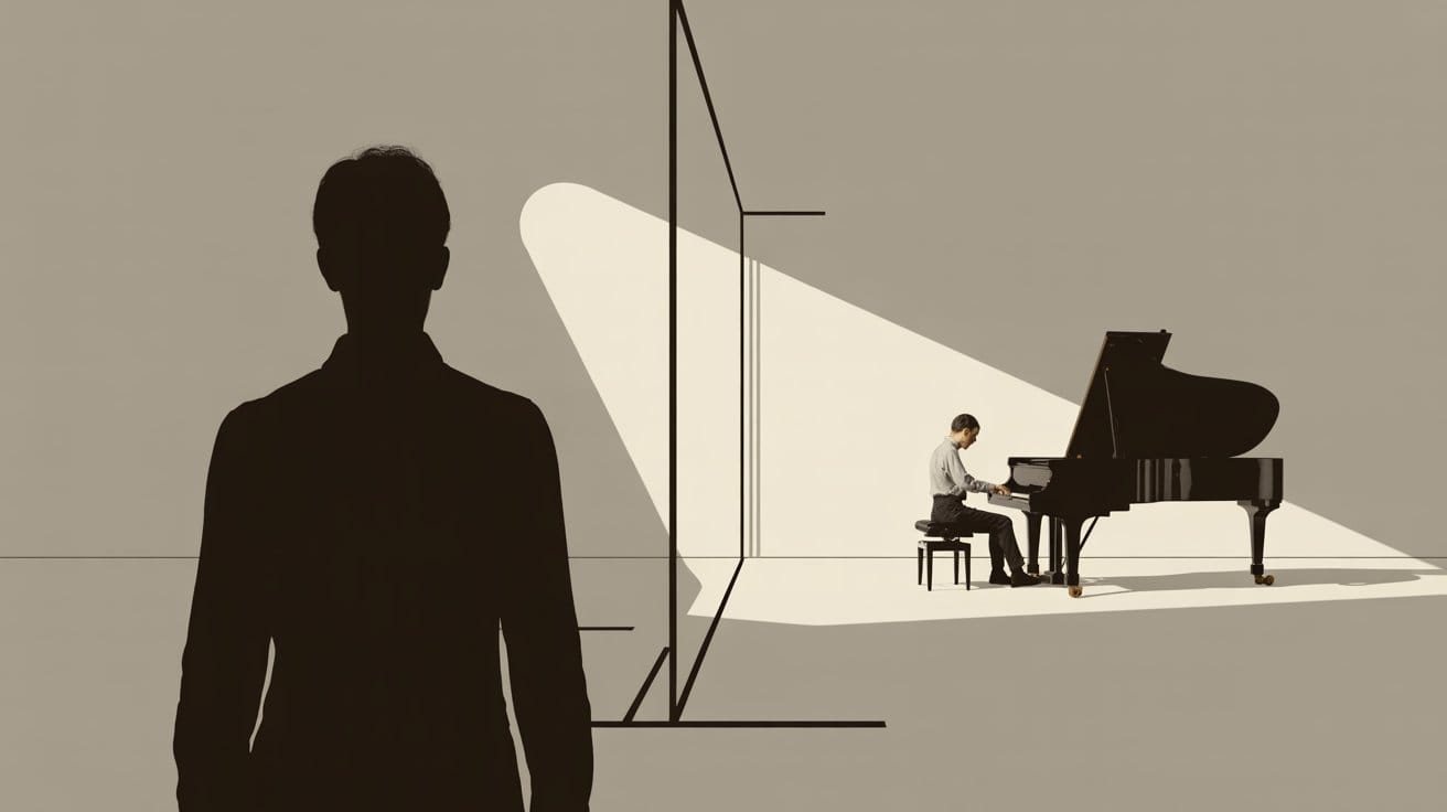 Uno studente adulto suona il pianoforte su un palcoscenico illuminato, mentre una figura in ombra osserva da dietro una parete trasparente.