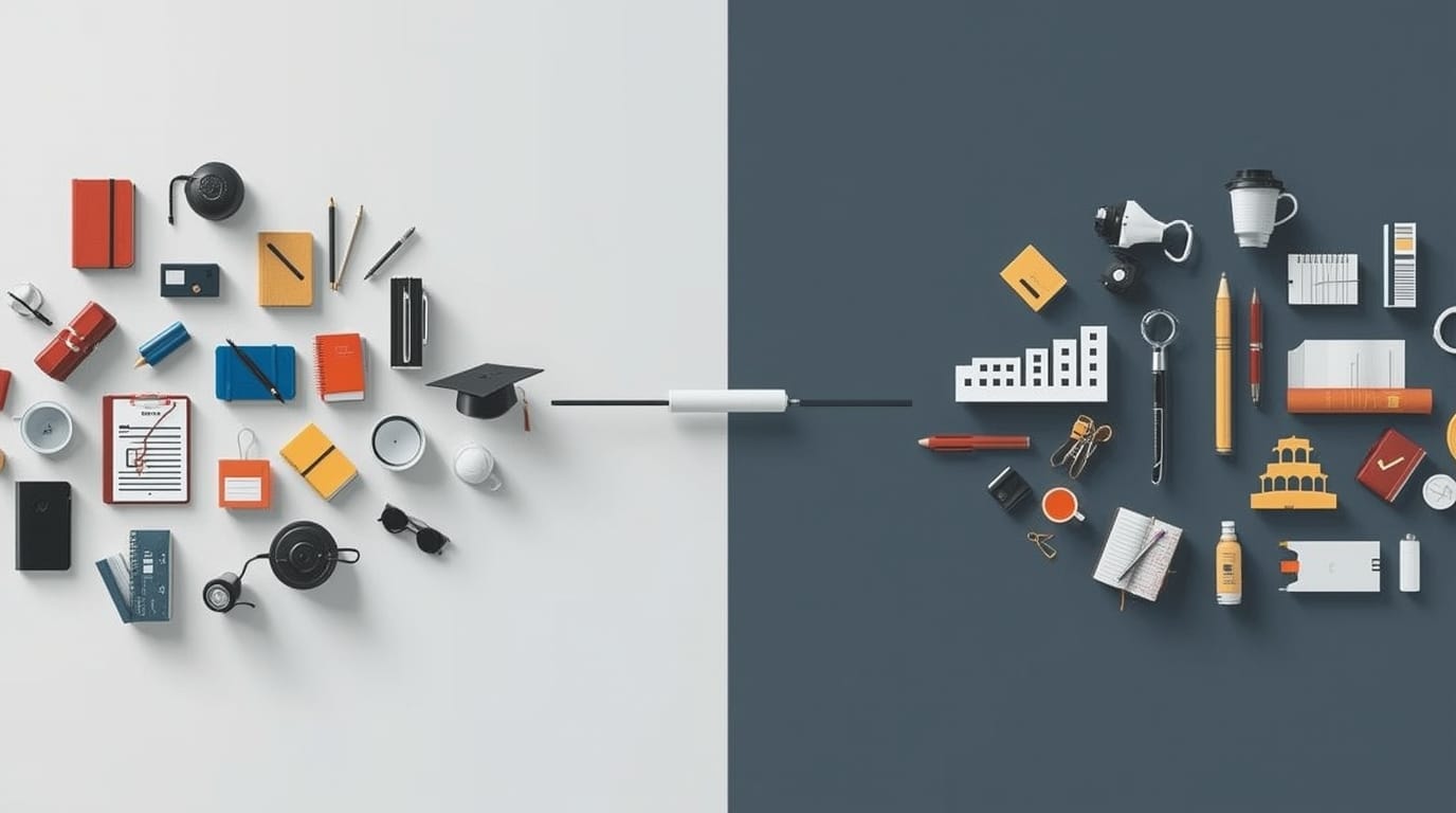 Illustrazione concettuale divisa in due parti: a sinistra oggetti scolastici tradizionali, a destra strumenti legati al lavoro e alla vita adulta.