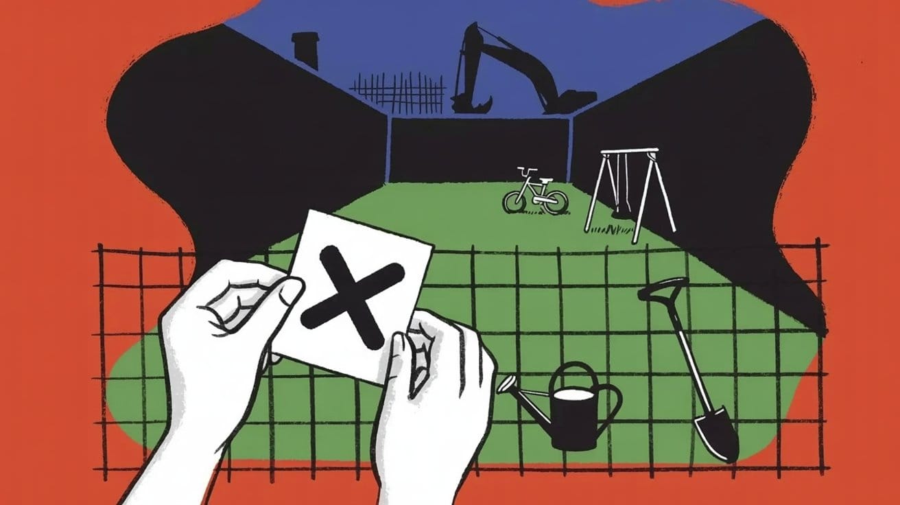 Mani in primo piano tengono un cartoncino con una grande X davanti a una recinzione; dietro si vede un cortile con prato, bici e altalena, più annaffiatoio e pala.