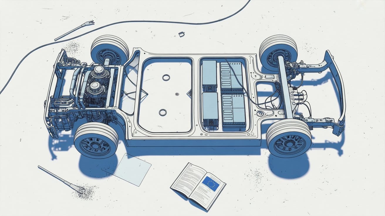 Vista dall’alto di un telaio automobilistico diviso tra motore termico e batterie elettriche, con un manuale aperto recante il simbolo dell’Unione Europea. 