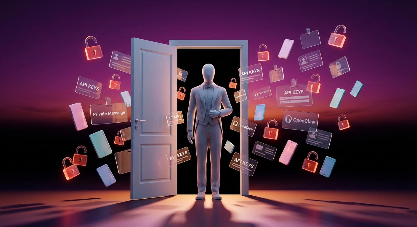 Figura umana stilizzata senza volto, vestita da maggiordomo, in piedi sulla soglia di una porta aperta su uno spazio buio. Attorno fluttuano elementi digitali trasparenti e luminosi.