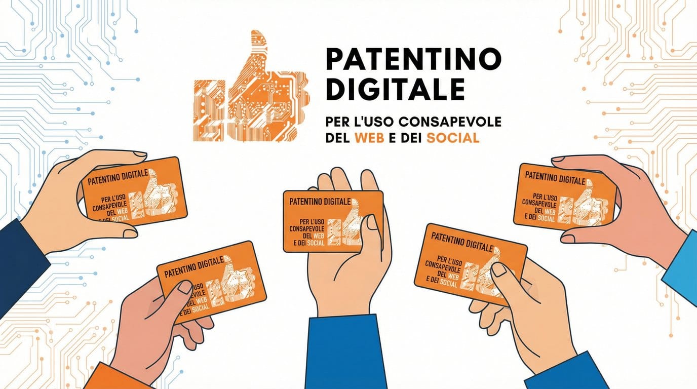 Illustrazione di più mani che tengono una tessera arancione con la scritta “Patentino digitale per l’uso consapevole del web e dei social”.