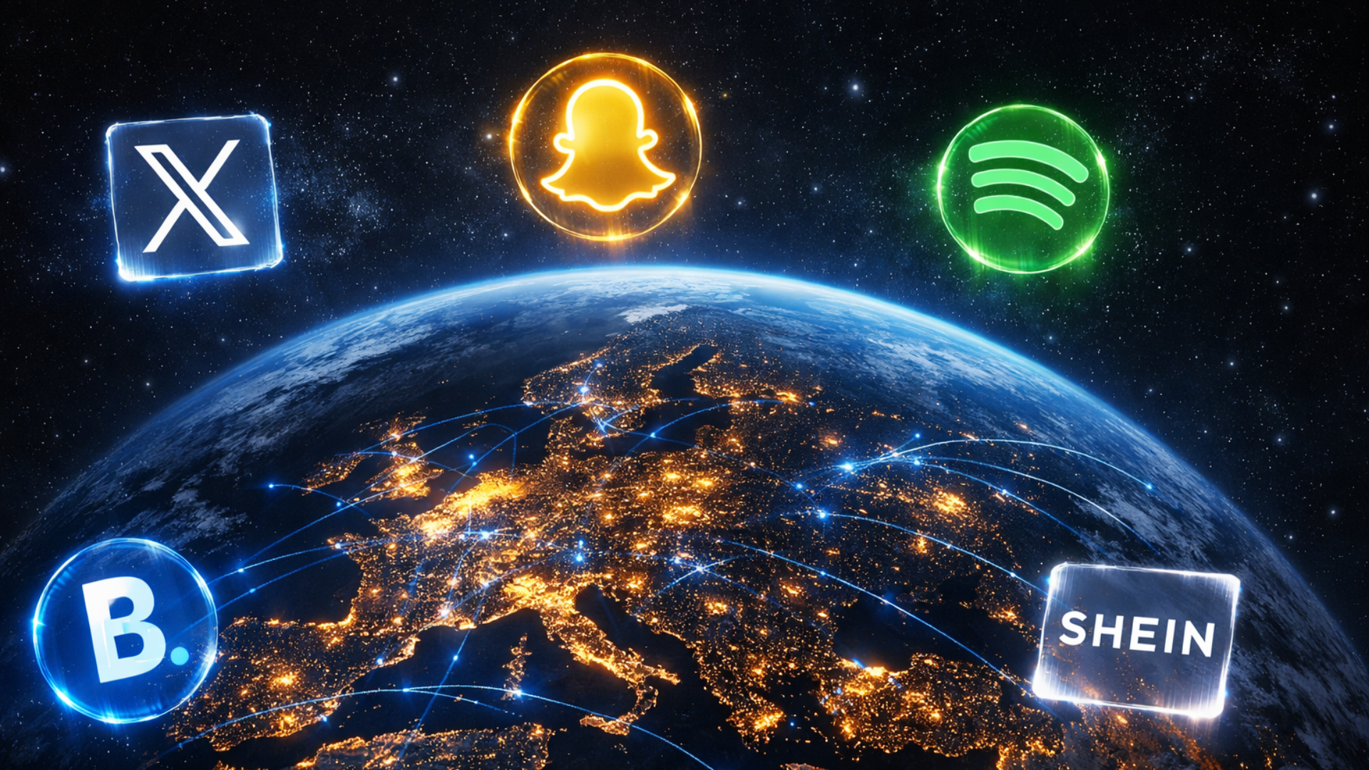 Globo digitale notturno centrato sull’Europa, attraversata da connessioni luminose blu, mentre i loghi di X, Snapchat, Spotify, Booking.com e Shein.