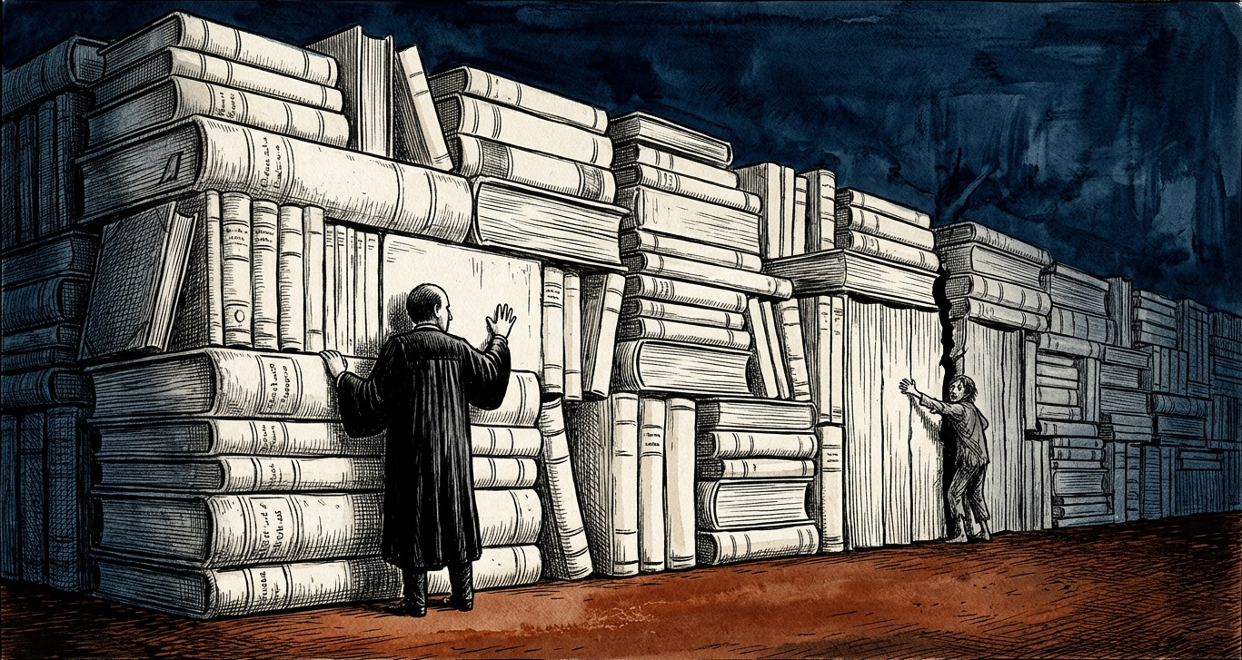 Illustrazione editoriale in stile Koren Shadmi: un avvocato in toga, visto di spalle, preme la mano contro un muro invalicabile di codici e volumi giuridici impilati. 