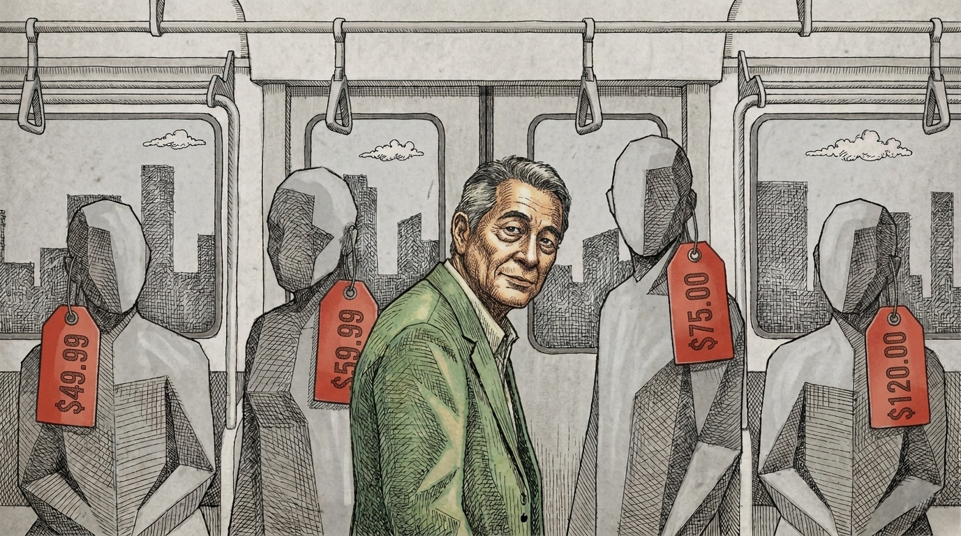 Un'illustrazione a fumetti editoriale che raffigura l'interno di un vagone della metropolitana. Al centro, un uomo di mezza età guarda dritto lo spettatore.