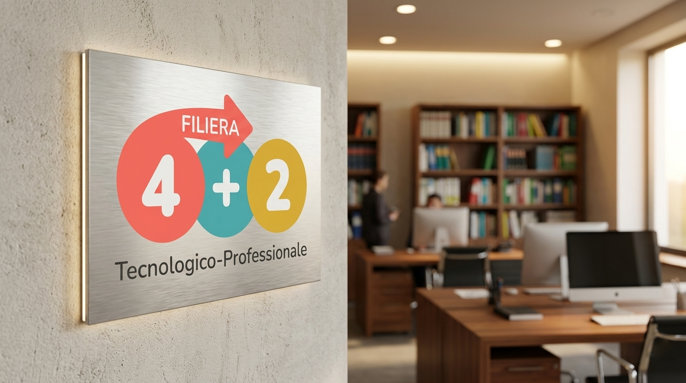 Targa con la scritta “Filiera 4+2 tecnologico-professionale” all’ingresso di un ambiente formativo o amministrativo, con uffici e scaffali sullo sfondo sfocato.