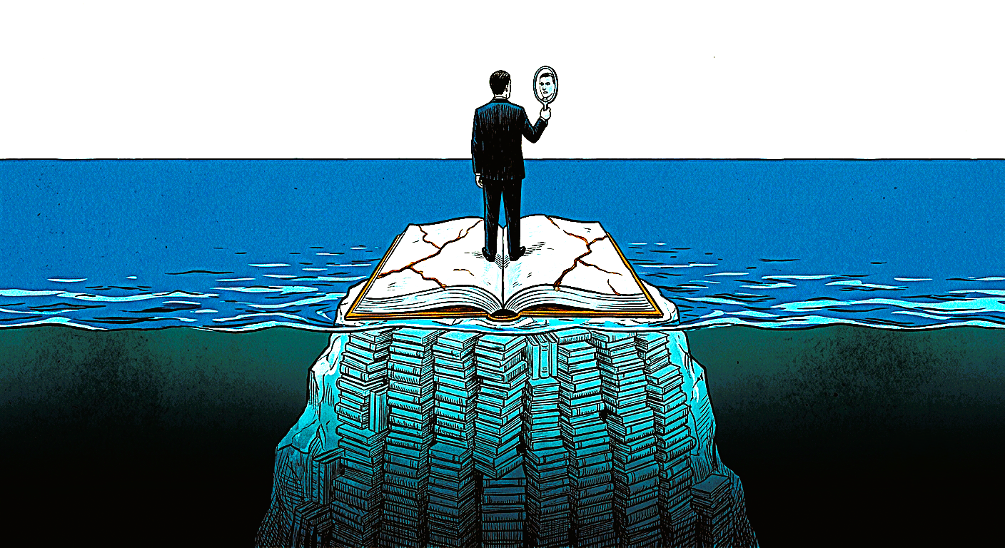 Una figura in abito scuro osserva il proprio riflesso su un iceberg a forma di libro, sommerso da libri.