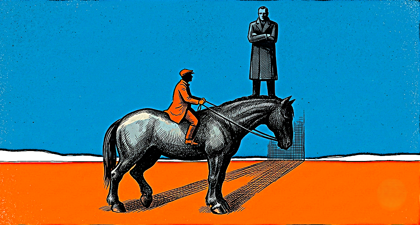 Un piccolo cavaliere in sella a un enorme cavallo scuro, sorvegliato da una figura rigida e senza volto.