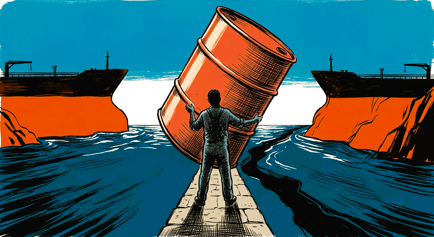 Una figura silhouette trattiene un enorme barile di petrolio in bilico su uno stretto marino, tra scogliere scure.