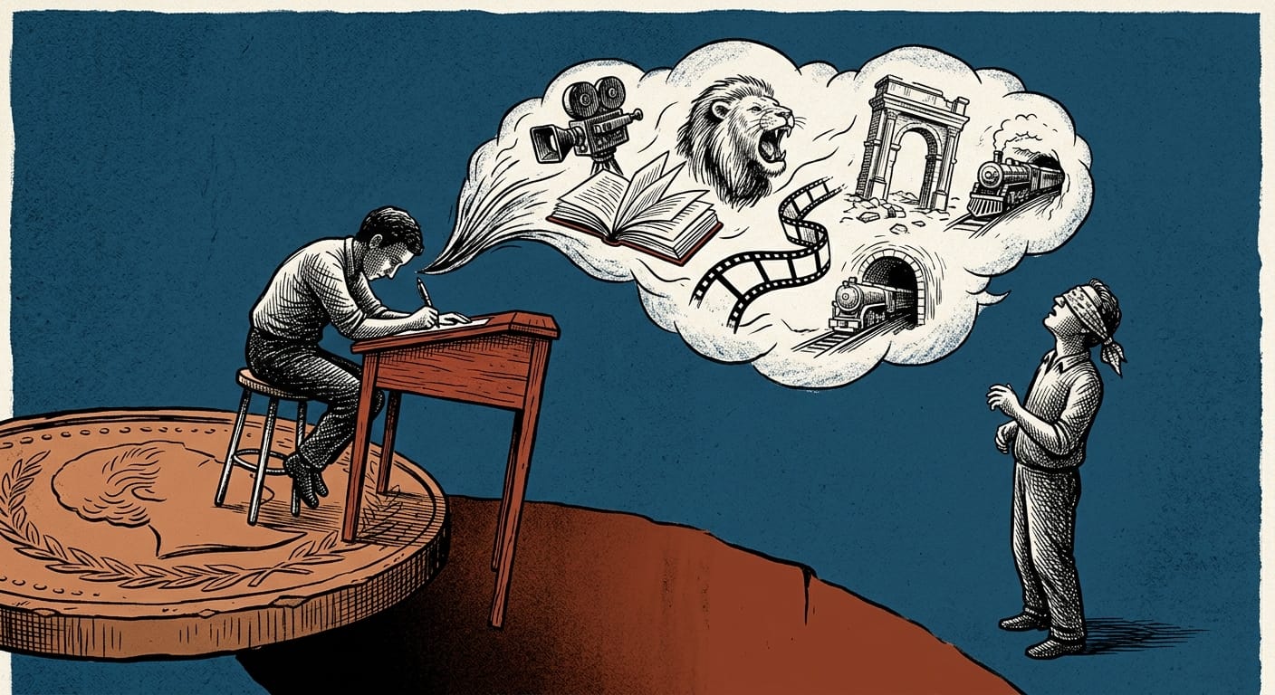 Una figura scrive a una scrivania in equilibrio su una moneta, mentre dalla penna si sprigiona un'immagine cinematografica.