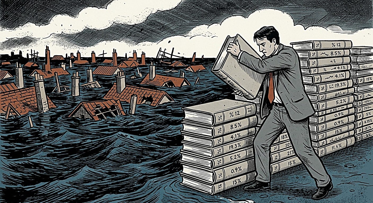 Un uomo in grigio impila libri contabili a formare un muro contro un'alluvione che sommerge un paese sullo sfondo.