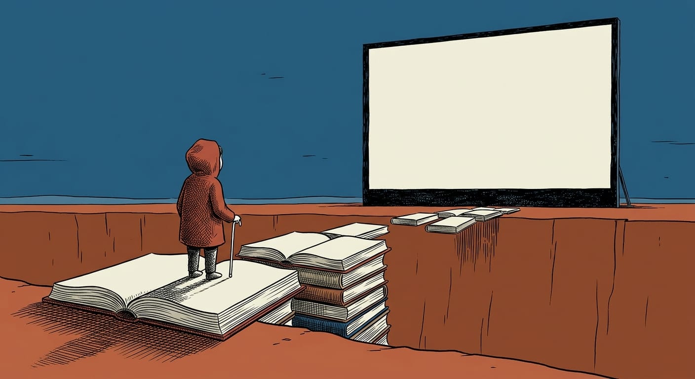 Figura anonima con bastone bianco, di spalle, su un ponte di libri aperti incompiuto davanti a un grande schermo bianco.