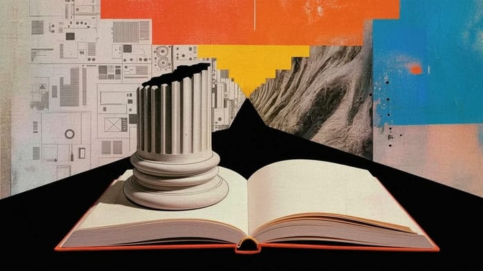 Libro aperto con una colonna classica spezzata sopra, sullo sfondo schemi tecnici e texture rocciosa con blocchi di colore, a suggerire il passaggio tra tradizione e tecnologia.