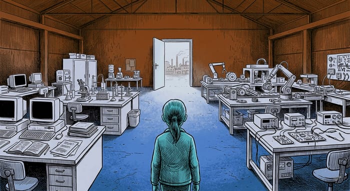 Figura giovane al centro di un'officina con oggetti di mondi diversi guarda verso un'unica porta che si apre sul mondo del lavoro.