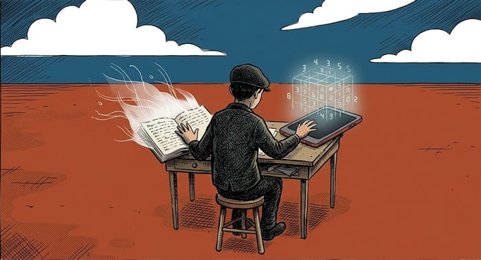 Figura vista di spalle seduta a una scrivania, una mano su un diario di carta, l'altra su un tablet luminoso.