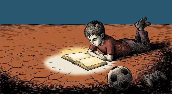 Un adolescente disteso a terra legge un libro aperto che emette luce, accanto a un pallone e un controller abbandonati